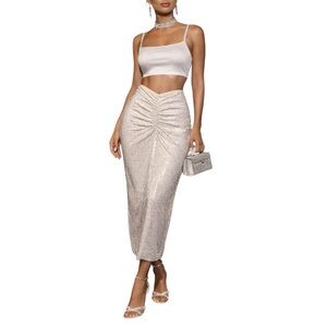 NWT WeWoreWhat Crystal Embellished Ruched White Midi Skirt Size Small Glam Party